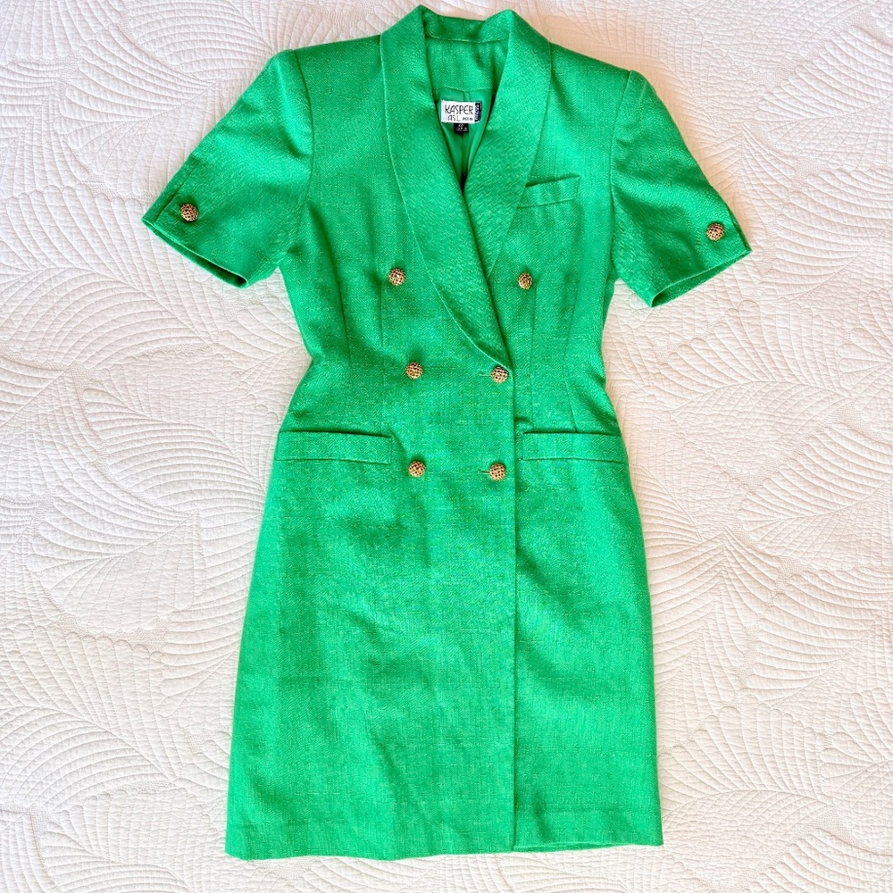 VTG 80s Kelly Green Double Breasted Blazer Power Dress Corporate Chic Kasper 4P - Picture 8 of 16